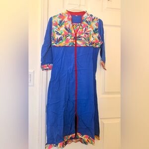Colorful Blue linen kurti with Leaf Print palazzo pant